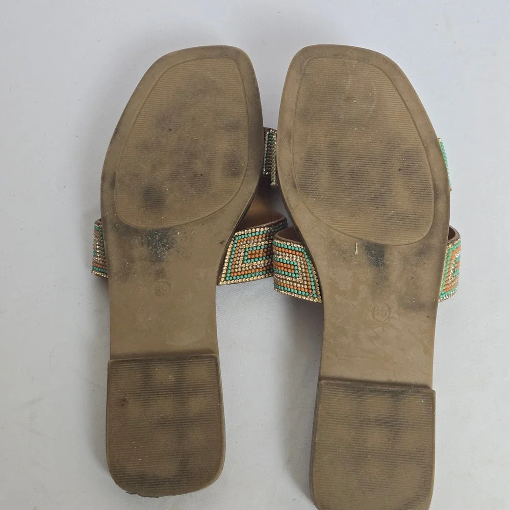 Madden Girl Womens Beaded H-Band Slide Sandals‎ Orange Turquoise Rhinestone 8.5